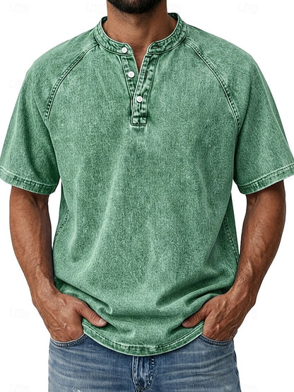 Effortless Vintage Aesthetics Classic Henley | Heavy Wash | 100% Cotton