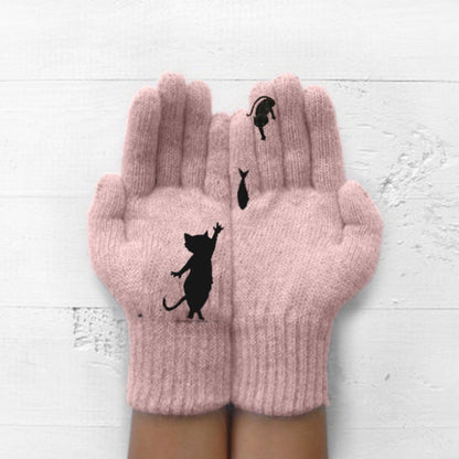 Crestsport™ Cute Cat Print Knitted Thickened Warm Split Finger Gloves