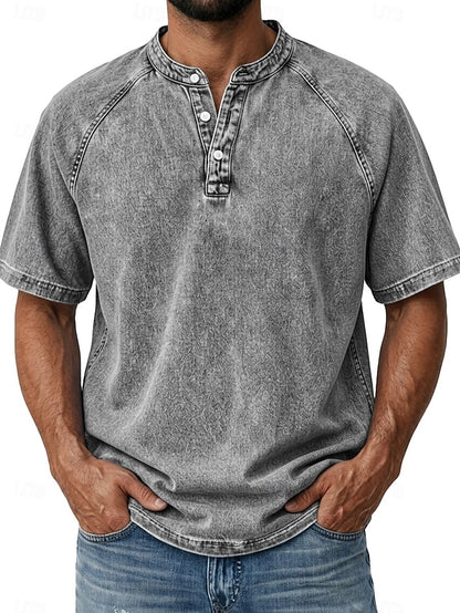 Effortless Vintage Aesthetics Classic Henley | Heavy Wash | 100% Cotton