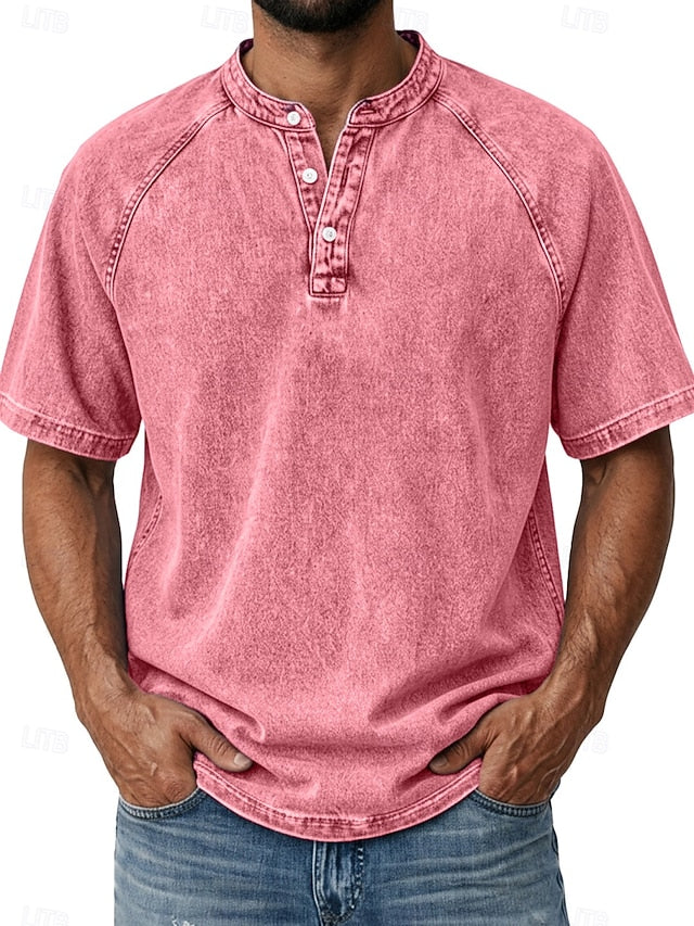 Effortless Vintage Aesthetics Classic Henley | Heavy Wash | 100% Cotton