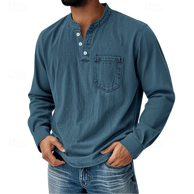 Men’s Acid Wash Cotton Tank – long-Sleeve Henley with Pocket & Buttons