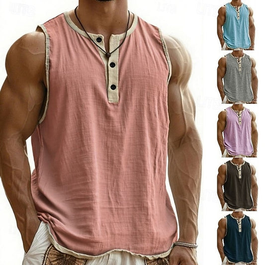 Men's Sleeveless Henley Top – Buttons, Soft Cotton, Perfect for Beach or Street
