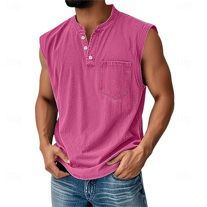 Men’s Acid Wash Cotton Tank – Sleeveless Henley with Pocket & Buttons-Buy 2 Get Free Shipping Today!