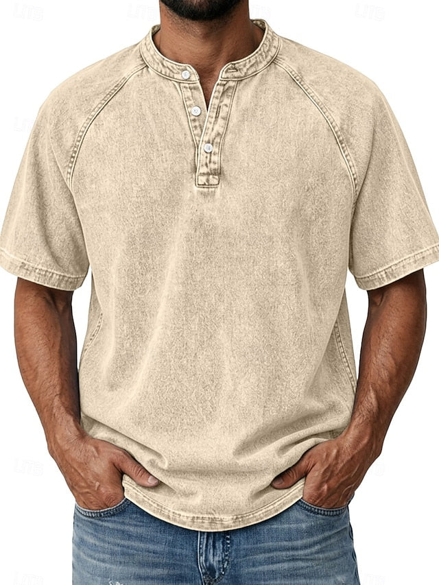 Effortless Vintage Aesthetics Classic Henley | Heavy Wash | 100% Cotton