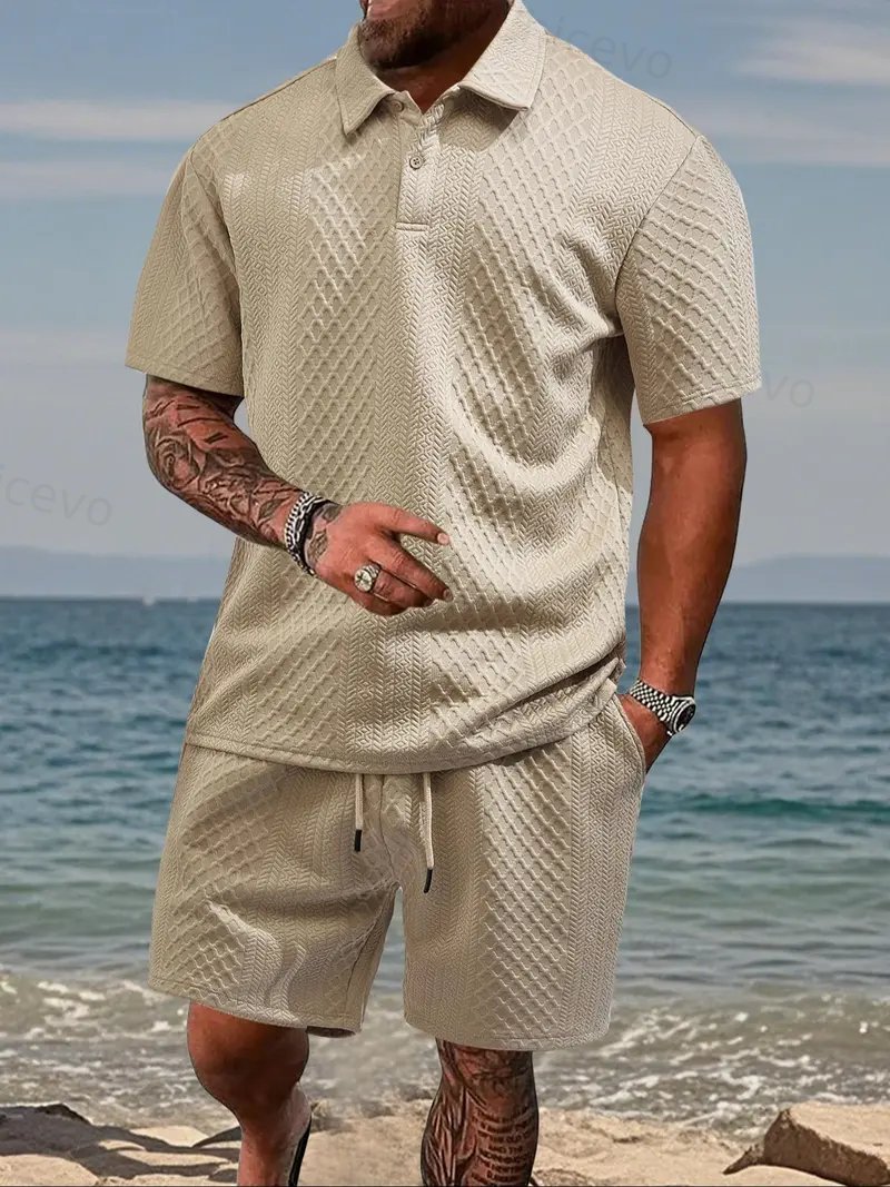 Men's 2-Piece Polo Shirt & Shorts Set Solid Casual Drawstring