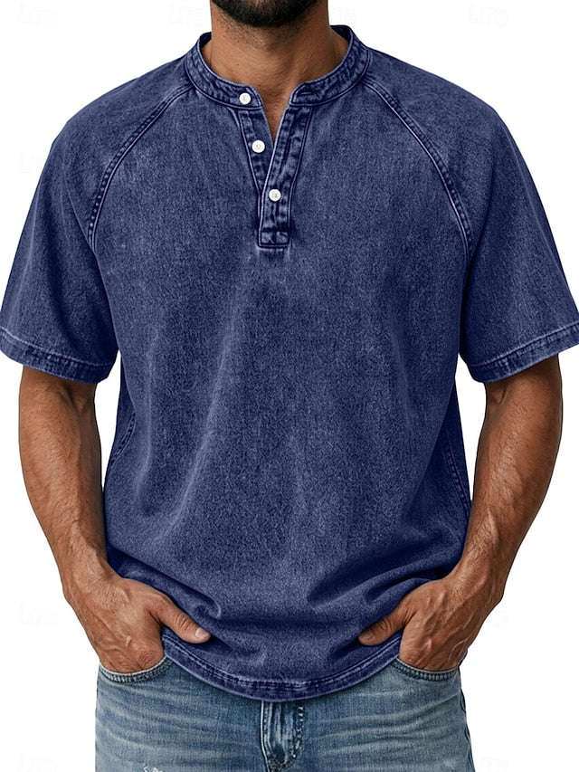 Effortless Vintage Aesthetics Classic Henley | Heavy Wash | 100% Cotton