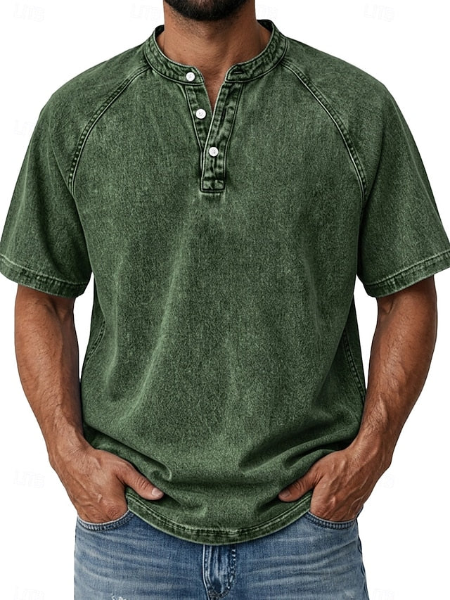 Effortless Vintage Aesthetics Classic Henley | Heavy Wash | 100% Cotton