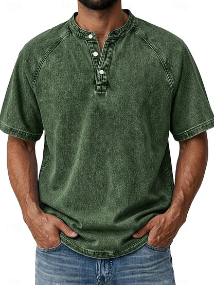 Effortless Vintage Aesthetics Classic Henley | Heavy Wash | 100% Cotton
