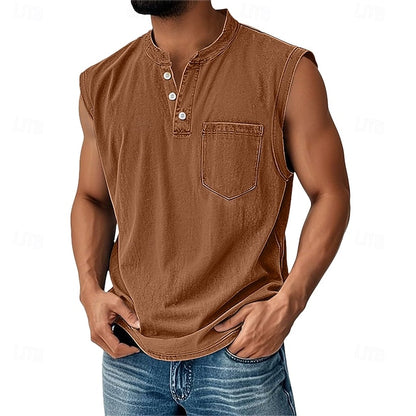 Men’s Acid Wash Cotton Tank – Sleeveless Henley with Pocket & Buttons-Buy 2 Get Free Shipping Today!